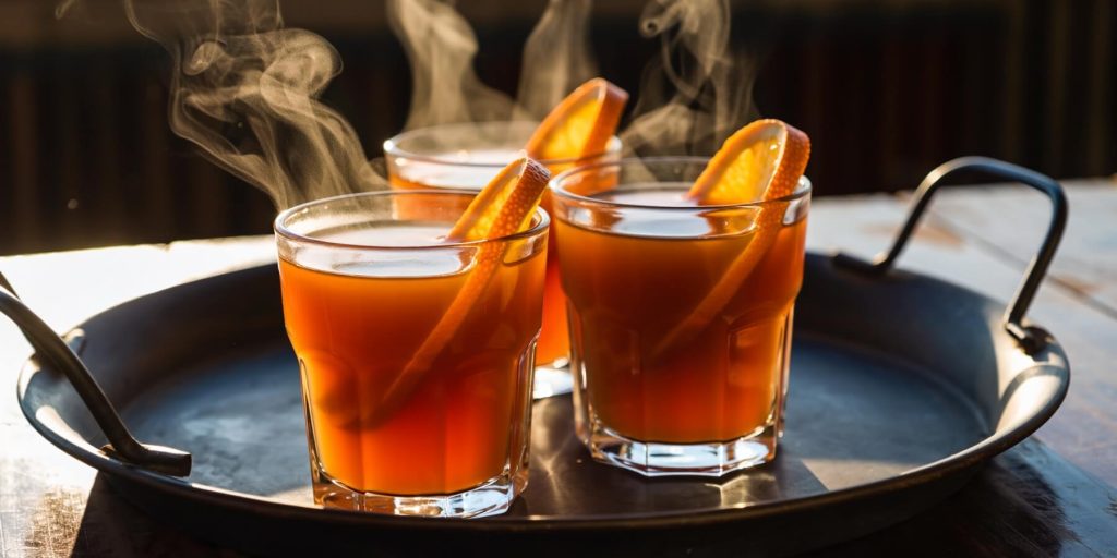 Three glasses of steaming chai hot rum with orange slices on a steel tray with handles