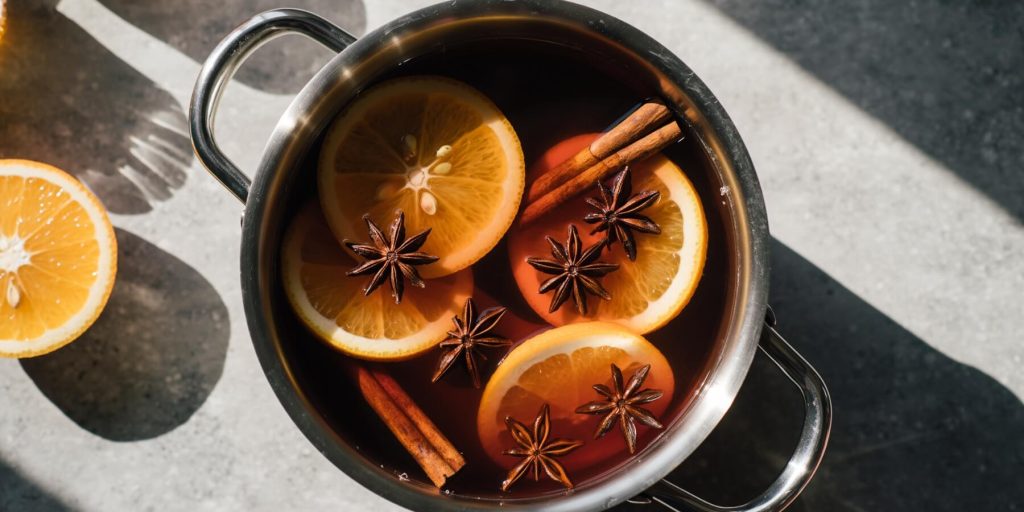 Pan with a hot rum drink, star anise, cinnamon sticks and orange slices