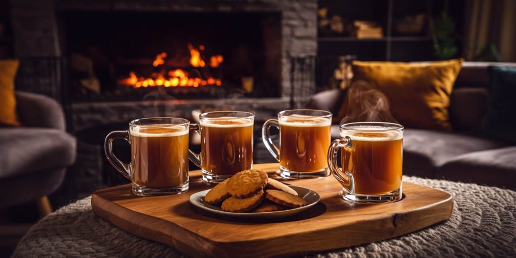 Four glass mugs of hot rum drinks set on a wooden table alongside a plate of biscuits in a lounge with a roaring fire in the fireplace in the background