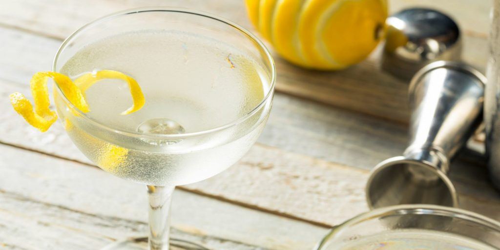 Close-up of Vesper Martini, garnished with a lemon twist
