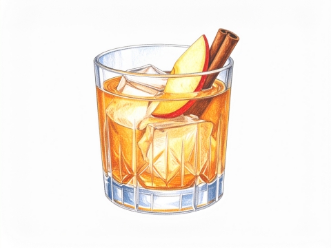 Classic color pencil illustration of a Apple Butter Old Fashioned