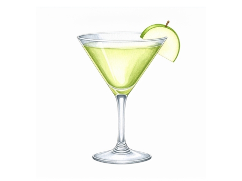 Classic color pencil illustration of an Apple Martini cocktail