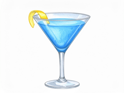 Classic color pencil illustration of a Blue Martini cocktail