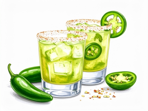 Classic color pencil illustration of a Spicy Margarita cocktail