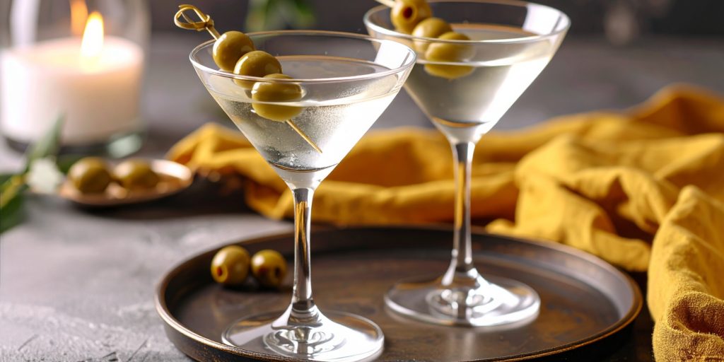 Close-up of two Virgin Martinis with green olive garnish