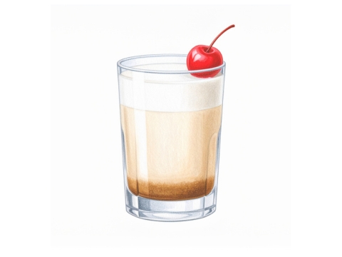 Classic color pencil illustration of a White Russian cocktail in a short cut-glass tumbler, garnished with a cherry