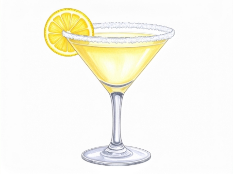 Classic color pencil illustration of a Lemon Drop Martini cocktail