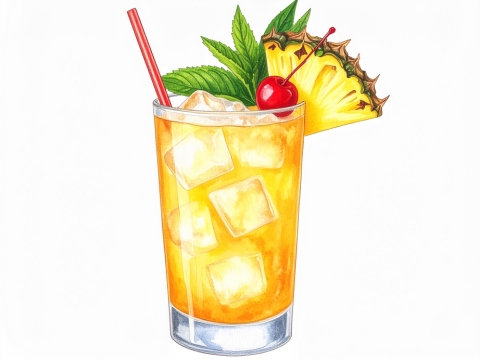 Classic color pencil illustration of a Mai Tai cocktail