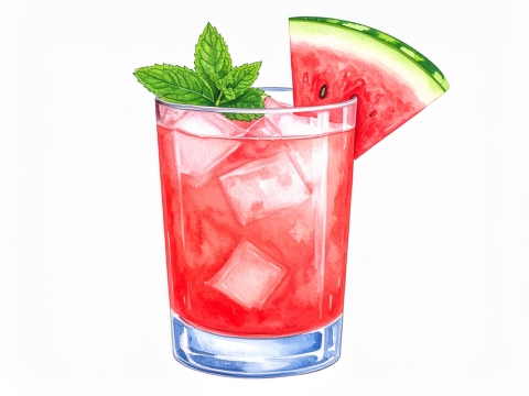Classic color pencil illustration of a Bourbon Watermelon Cocktail