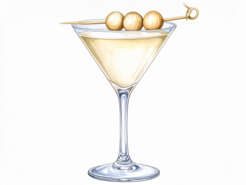 Classic color pencil illustration of a Gibson Martini cocktail