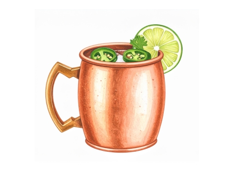 Classic color pencil illustration of a Mexican Mule cocktail in a copper mug garnished a lime wedge and slices of jalapeno chilli in the mug