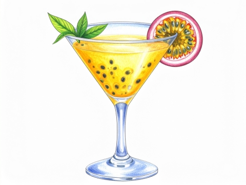 Classic color pencil illustration of a Pornstar Martini Mocktail cocktail