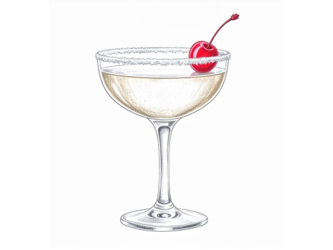 Color pencil drawing of a Champagne Martini in a round coupe glass, garnished with a red cherry