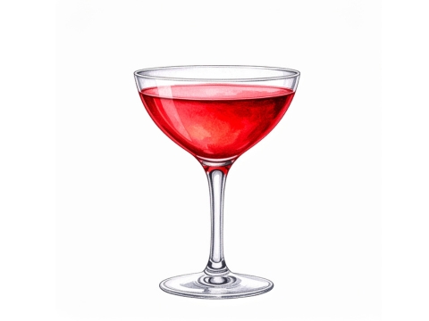 A color illustration of a French Rose cocktail in a round coupe glass