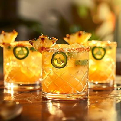 Three Spicy Margarita cocktails garnished with jalapeño and pineapple wedges