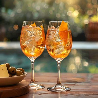 Two Grand Marnier Spritz cocktails served with a bowl of olives and cheeseboard next to a swimming pool