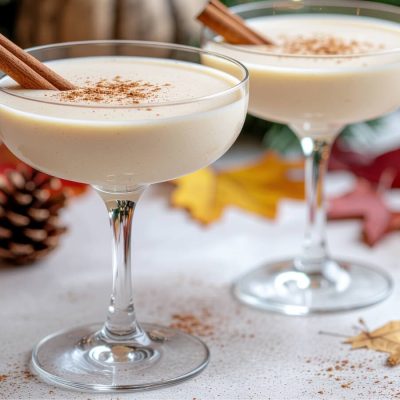 Two coupe glasses of creamy pumpkin cocktails with cinnamon stick garnishes