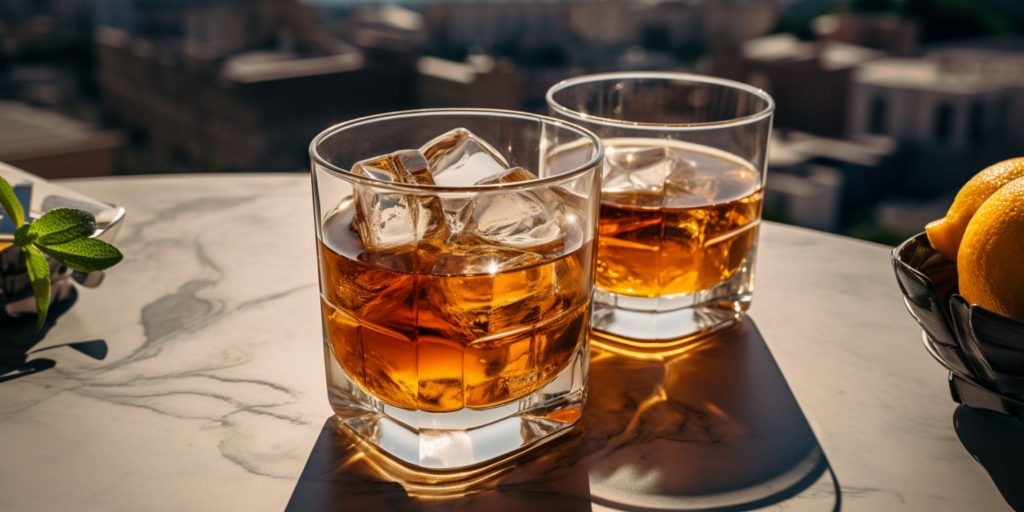 Editorial style image of two Godfather cocktails on a table outside with a typical scene in Pisa on a sunny day as backdrop