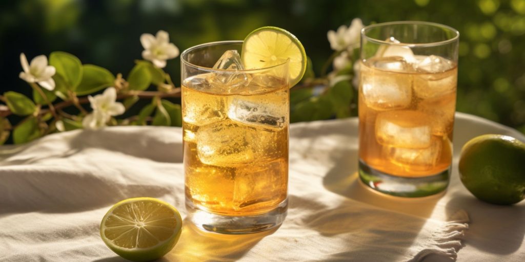Two Bourbon Rickey cocktails on a table outside under a tree in summer, leaves and greenery around