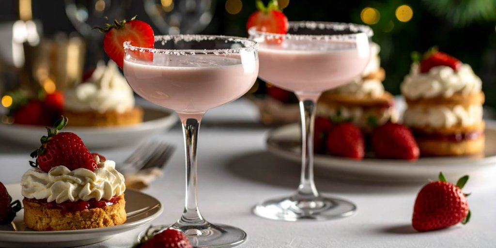 Close-up of two Strawberry Shortcake Daiquiris served with shortcakes, whipped cream and strawberry jam