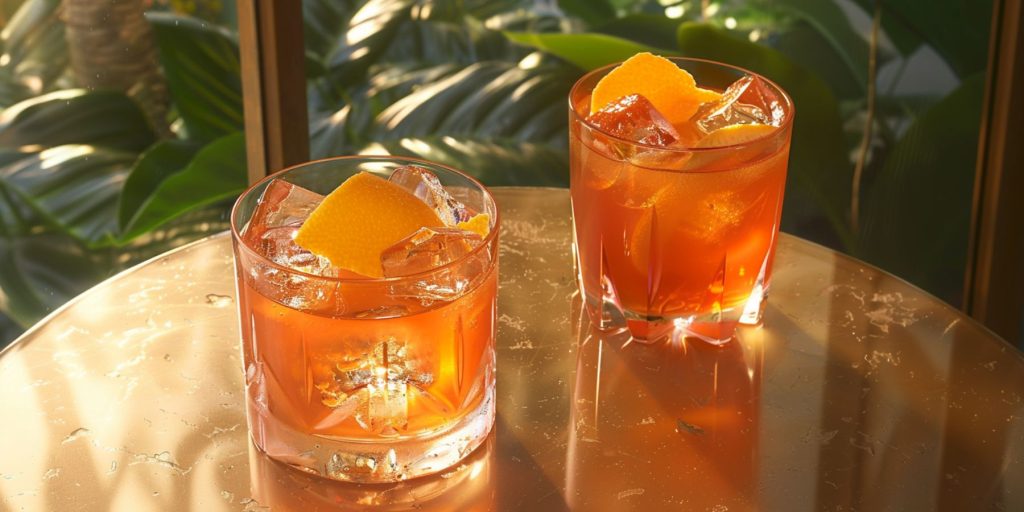 Two Part Time Lover cocktails made with Aperol and bourbon on a table inside a modern Italian home