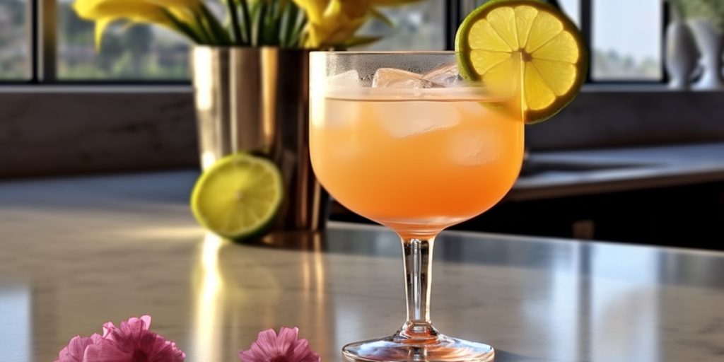 Pineapple Princess cocktail on a table in a modern home kitchen decorated in shades of white and yellow