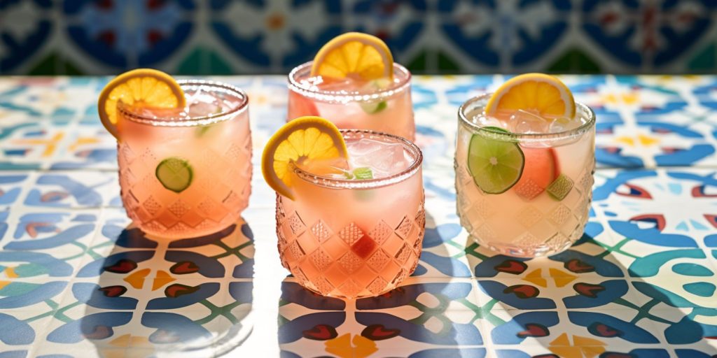 Close up of four Paloma cocktails in colourful glasses set on a tabletop covered in traditional Mexican tiles in hues of blue and other bright shades