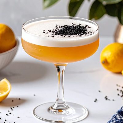 A single coupe glass of the Toasted Sesame Sour, with a thick foam top sprinkled with black sesame seeds. Lemons and scattered seeds sit nearby on a white surface.