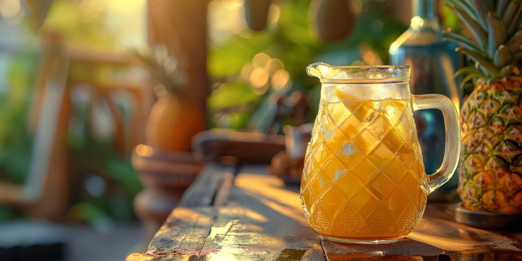 A refreshing Pineapple Gin Punch served in a glass pitcher with fresh pineapple garnish.
