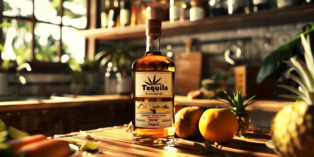 A bottle of Tequila in a kitchen setting