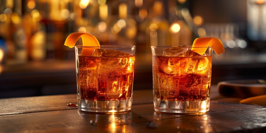 Two Old Fashioned cocktails with orange peel garnish