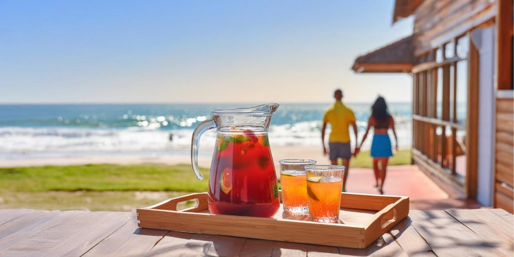 A tray with a jug of summer rum cocktails and two glasses on a wooden table outside a modern holiday home with a beach scene in the background