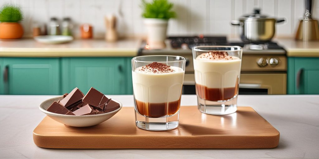 Two Chocolate White Russian cocktails next to a bowl of chocolate on a counter top in a modern kitchen 