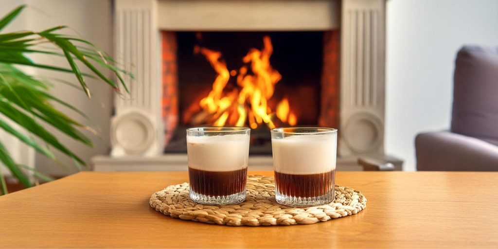 Two Vegan White Russian cocktails on a woven mat on a wooden table in front of a cosy fire in a modern living room 
