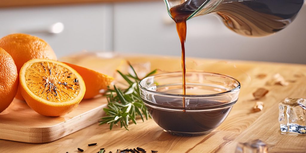 Pouring shot of smoked syrup for bourbon cocktails