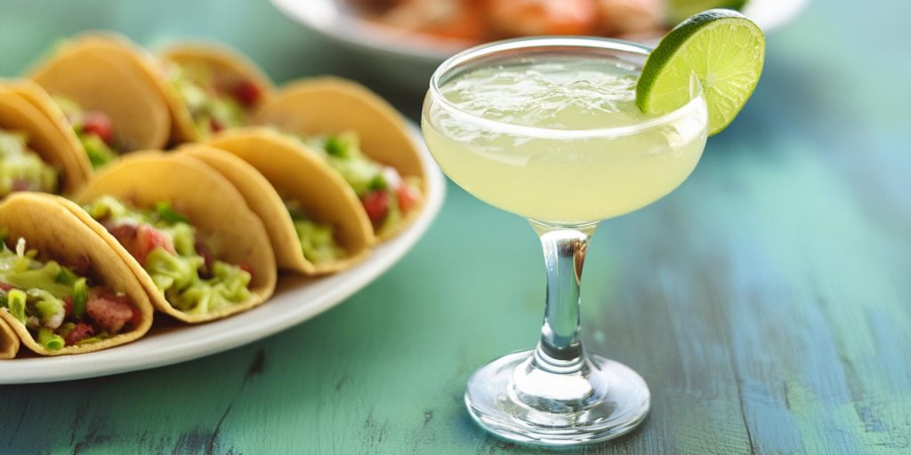 A Snaquiri tiny cocktail on a table next to a serving platter with mini tacos