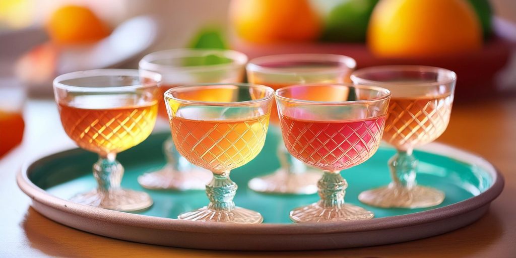 Close up of a variety of tiny cocktails of different colors on a serving platter