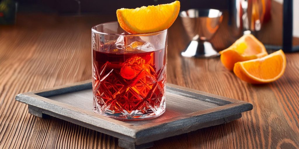 A Tiny Negroni cocktail on a coaster, garnished with a wedge of orange