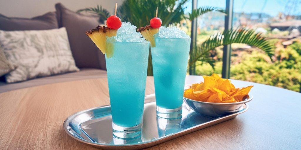 Two Frozen Blue Hawaiian cocktails with pineapple wedge and cherry garnish, served with a bowl of crisps