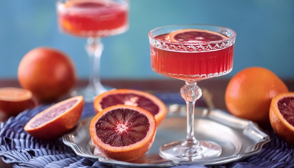 Close-up of a Blood Orange Cosmo on a silver tray