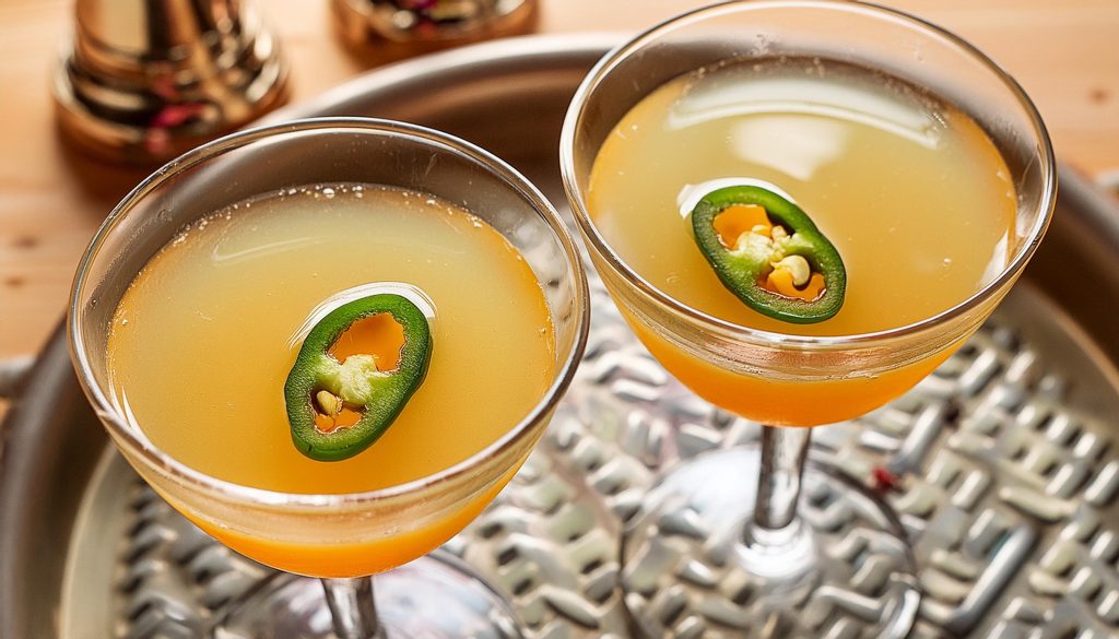 Top view of two Jalapeño Grapefruit Cosmos with sliced Jalapeño garnish