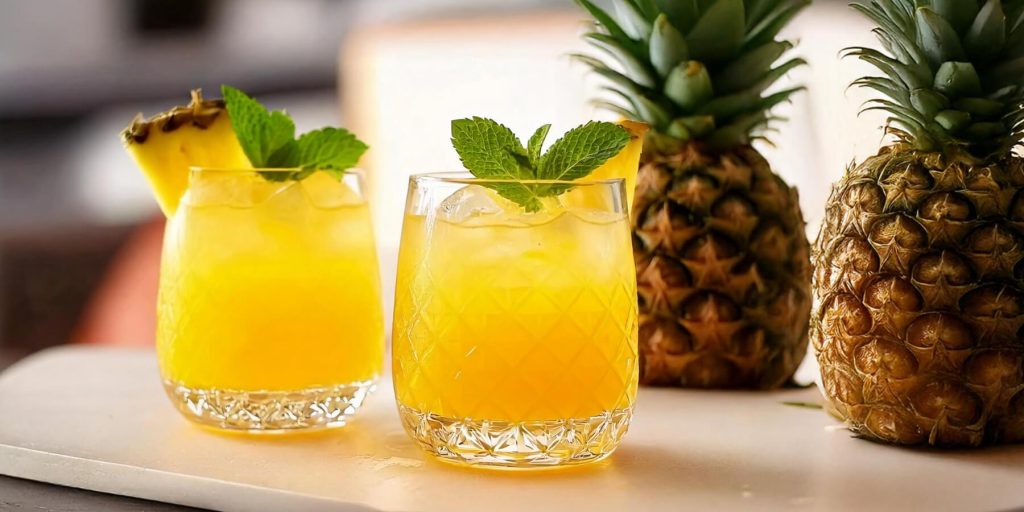 A bright yellow tropical cocktail called Grand Punch, served in crystal-patterned glasses filled with ice, garnished with fresh pineapple wedges and mint leaves, and placed next to whole pineapples on a light surface.