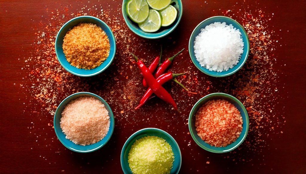 Overhead shot of different bowls of Margarita salts 
