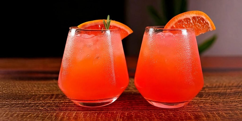 Two vibrant orange-red Desert Paloma cocktails served in stemless glasses, garnished with grapefruit wedges and a sprig of rosemary, placed on a wooden table with a dark background.