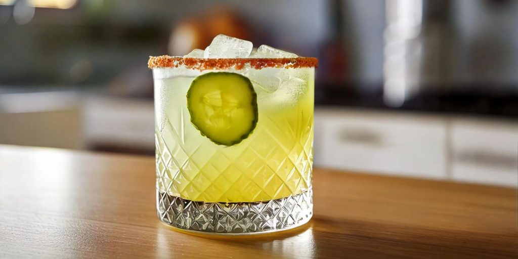 A crystal glass filled with a pale green margarita is rimmed with spice and garnished with a round pickle slice. The background is softly blurred, showing a cozy kitchen setting.