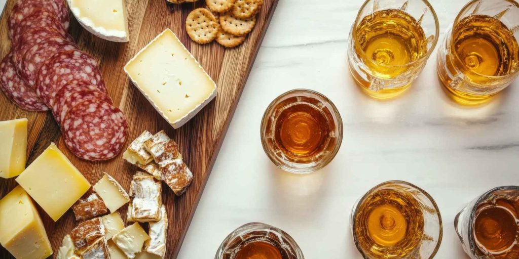 A top-down view of a wooden board filled with fine cheeses, cured meats, and crackers, alongside several glasses of Calvados brandy. Image by Lion.