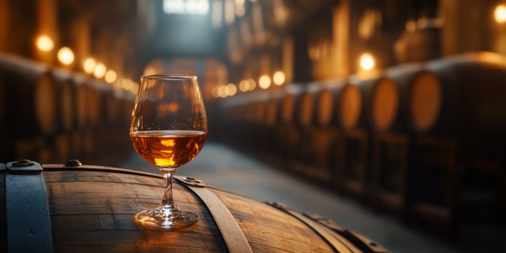A snifter of Calvados brandy placed on a wooden barrel in a warmly lit cellar, surrounded by rows of aging barrels. Image by Wall Art Galerie.