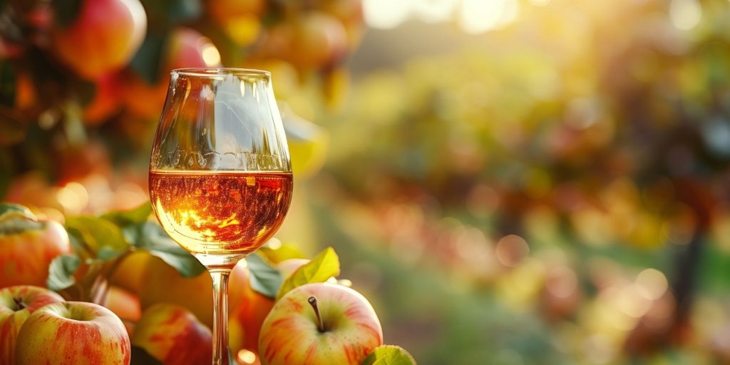 A snifter of Calvados apple brandy glowing in the sunlight, surrounded by ripe apples in a vibrant orchard.