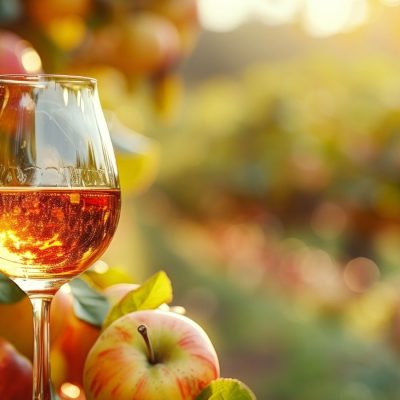A snifter of Calvados apple brandy glowing in the sunlight, surrounded by ripe apples in a vibrant orchard.