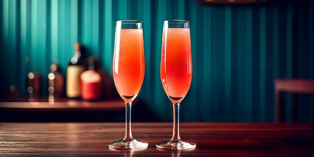 Two sparkling Guava French 75 cocktails in flute glasses, modern bar background